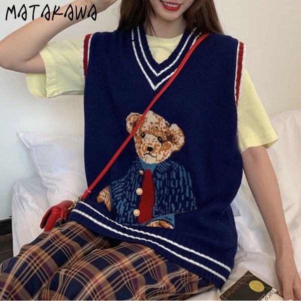 

women's vests matakawa women vest korean fashion loose knitted colete feminino embroidery bear sleeveless vests gilet pullover sweater, Black;white