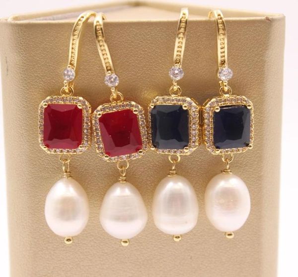 

guaiguai jewelry freshwater white rice pearl rectangle shape crystal gold plated cz pave hook dangle earrings handmade for women1432972, Silver