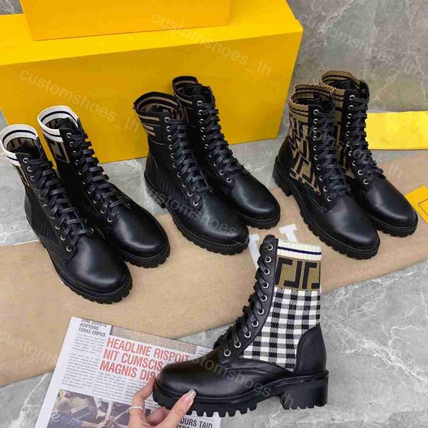 

women shoes designer boots rockoko leather boot ankle martin booties winter high heels woven splicing shoe letter printing sneaker with box, Black