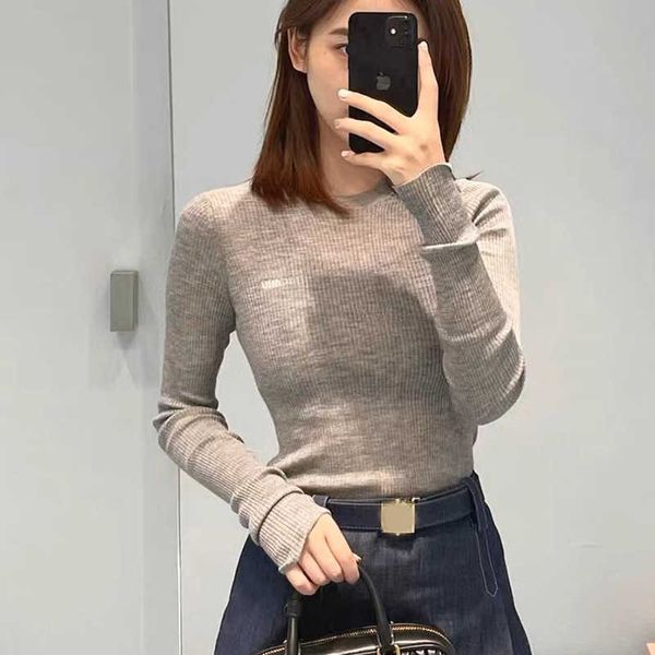 

early autumn round neck elastic slim fit wool knit grey embroidered letter round neck long sleeve, White;black