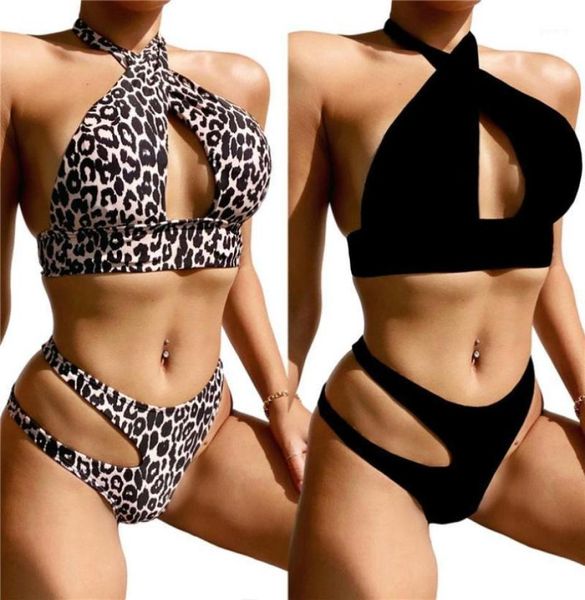 

women039s swimwear women two piece split bikini fashion leopard or solid color halter and hollow midwaist thong swim3290682, White;black