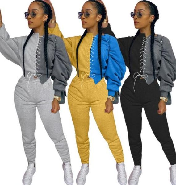 

winter women sets full sleeve tracksuits lace up and pants suits two piece set casual loose fitness streetwear outfits8437131, Gray