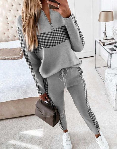 

2021 new style two piece set women outfits grey stand neck zipper patchwork tracksuit pullover and pant casual sport suit y063502426, Gray