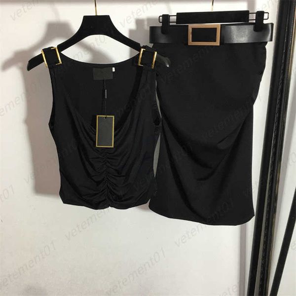 

summer black suit tank with short dress two piece set side zip up slimming vest golden belt high waist hip skirt womens designer clothing, White