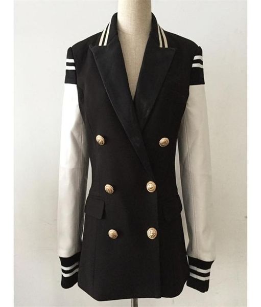 

high street fashion stylish jacket womens leather sleeve patchwork lion buttons blazer y2001091450666, White;black