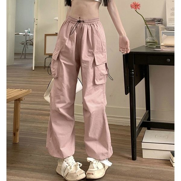 

women's pants capris pink cargo pants women retro workwear casual baggy straight trousers fashion wide leg pockets joggers trousers y2k, Black;white