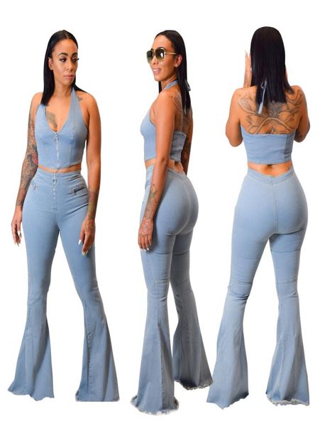 

fashion women light blue washed flare jeans sets halter neck sleeveless bell bottom jeans two pieces suits new arrivals s1217231, White