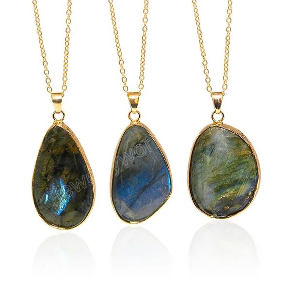 

irregular raw labradorite necklace healing natural gemstone palm stone moonstone healing stone pendant with gold trim, Silver