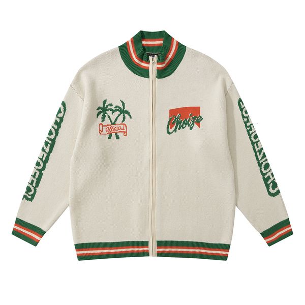 

men's sweaters sun letter trees print color block zipper sweater for men streetwear vintage y2k baggy knitted clothes ropa hombre loose, White;black