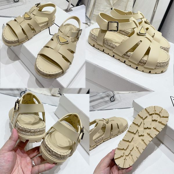 

womens luxury brand sandals enameled metal triangle logo vintage hemp rope woven thick sole rubber sandals holiday sandal new design element, Black
