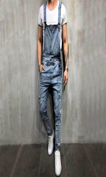 

men039s ripped jeans jumpsuits ankle length letter printing distressed denim bib overalls for men suspender pants6735675, Blue