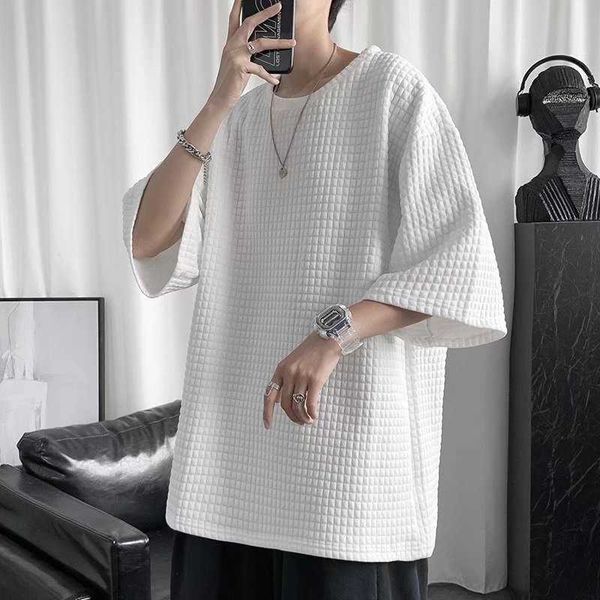 

waffle tshirt men ins pure color short sleeve summer korean style handsome loose 5sleeve tshirt fashion tshirt quality short sleeves fashion, White;black