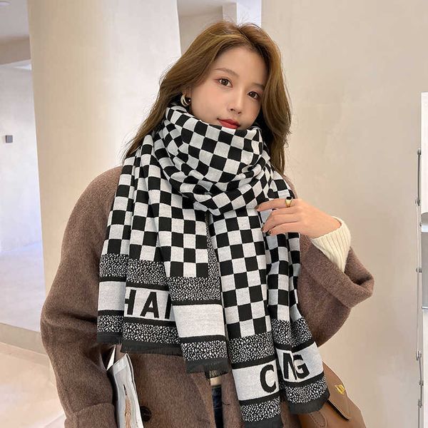 

atmosphere black and white plaid shawl with korean thickened warm double-sided imitation cashmere scarf for women in winter, Blue;gray