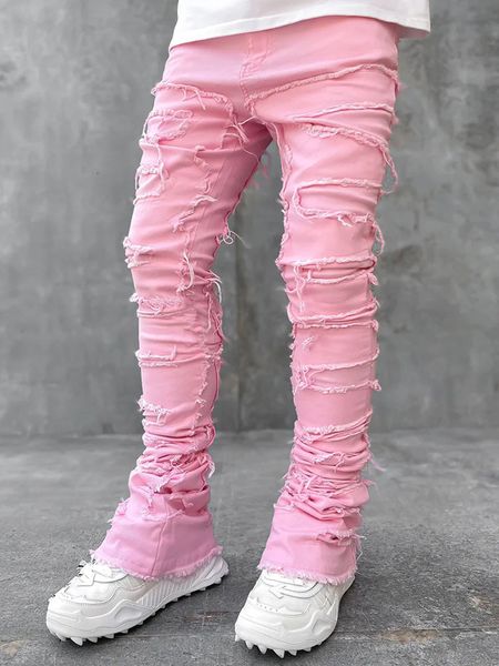 

men's jeans spring autumn individual patched pants long tight fit stacked jeans for men 230802, Blue