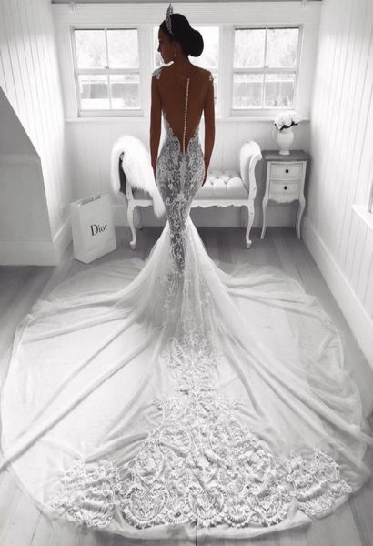 

robe de mariage illusion back mermaid lace wedding dresses 2020 appliques sweetheart long train bridal wedding gowns6151801, White