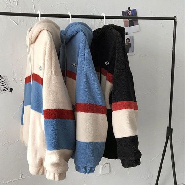 

mens hoodies sweatshirts fashion fleece hoodie japanese and korean style mens patchwork striped hooded sweater loose coat casual pullover in, Black