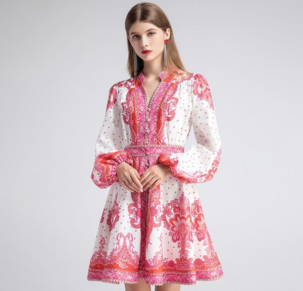 

fashion autumn shirt style dress women lantern sleeve single breasted print holiday vintage mini dress5404019, Black