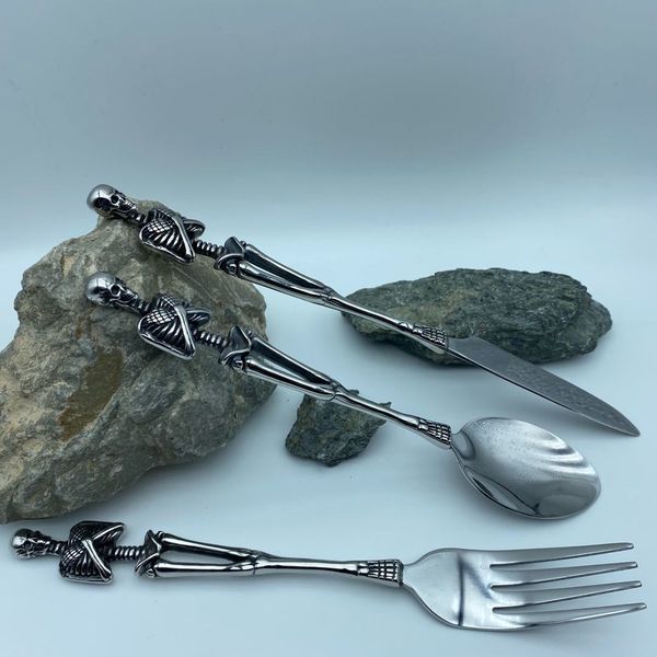 

wedding jewelry sets stainless steel skull men fork and spoon jewelry accessories personality fashion charm unique for dinner tool as gift 2, Slivery;golden
