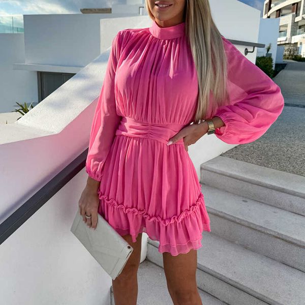 

spring and summer hollow mesh chiffon dress casual o-neck curtain fashion party dress long sleeve ruffled office women's dress, Black;gray
