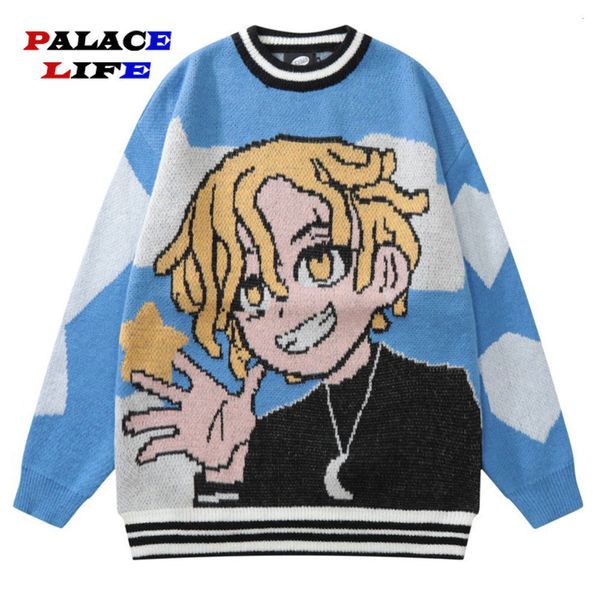 

men's sweaters cartoon boy print sweater men japanese harajuku vintage pullover knitted jumpers autmn couple casual loose 230802, White;black