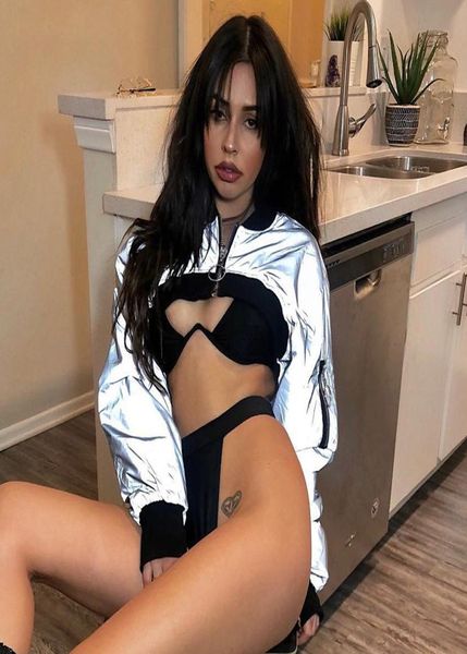 

2019 new arrivals reflective zipper hoodies navel bare crop irregular hip hop mujer pullovers long sleeve women sweatshirts4719112, Black