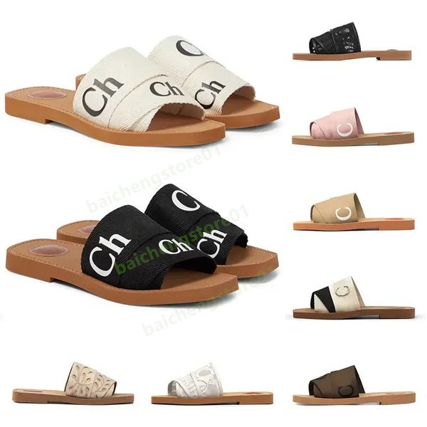 

designer woody sandals womens mules flat slides light tan beige white black pink lace lettering fabric canvas slippers for women summer outd