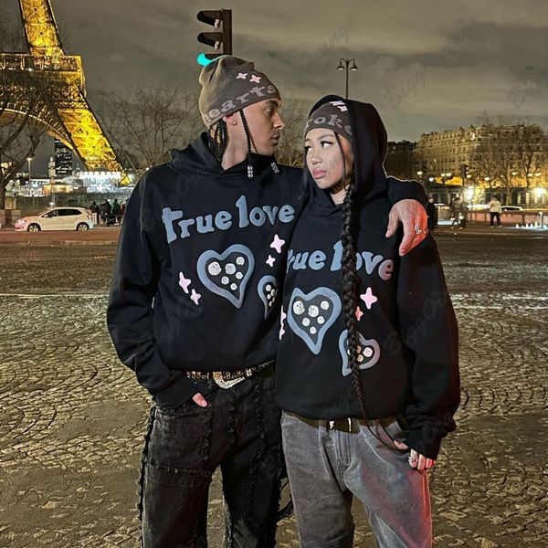 

women's hoodies sweatshirts harajuku letter heart-shaped 3d printing hoodie couple street trend retro loose pullover women casual sweat, Black