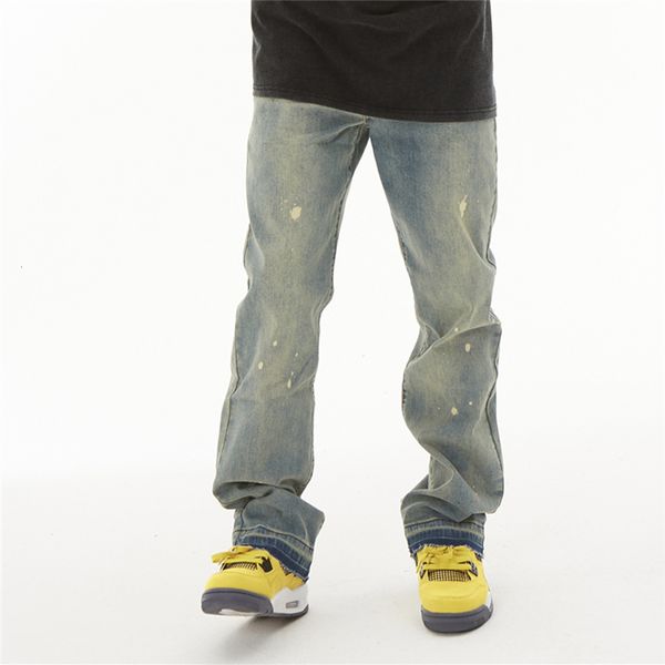 

men's jeans jeans for men y2k simple solid streetwear distressed color block washed-out loose straight-leg trousers high street denim p, Blue