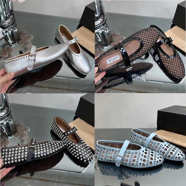 

elegant women alaia dress shoes designer shoes round toe rhinestone flat shoes luxury leather rivet buckles mary jane shoes comfortable ball, Black