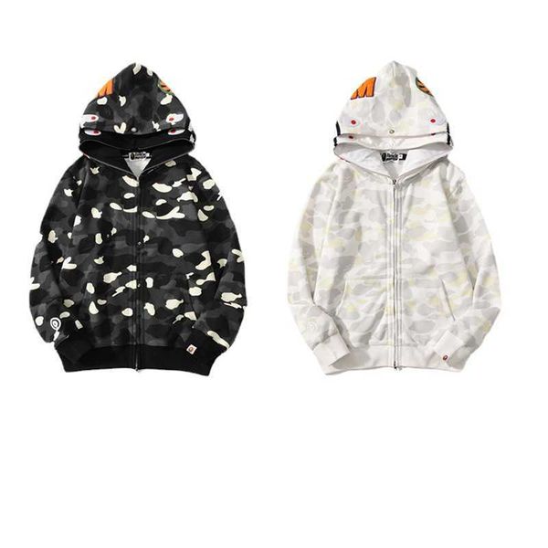 

autumn and winter tide brand shark head glow spot camo double hat sweater for men and women's couple cardigan coat, Black