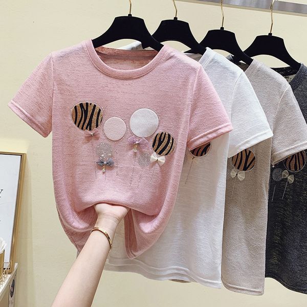 

women's t-shirt diamonds appliquewomen cotton t-shirt short sleeve shining tshirt female o-neck bow fashion pink white 230802
