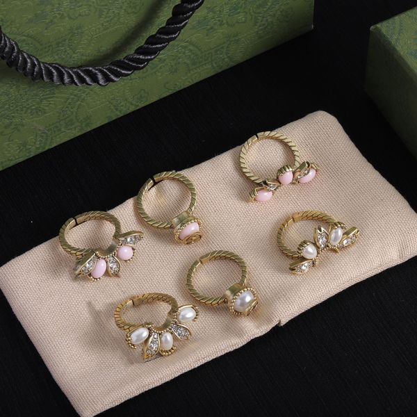 

designer ring exquisite golden flower pattern 3-in-1 ring split ring luxury rings pink pearl diamod fashion womens jewelry men shining gift, Golden;silver