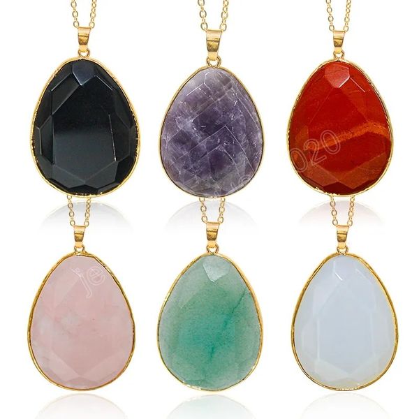 

amethyst rose quartz healing crystal necklace oval stone gemstone teardrop pendant with gold edge, Silver