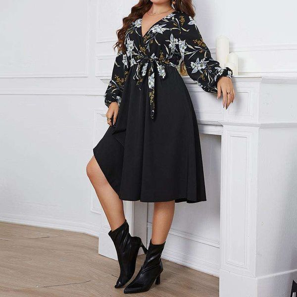 

womens clothing autumn and winter long sleeved v neck dress loose short skirt large size slim fat sister, Black;gray