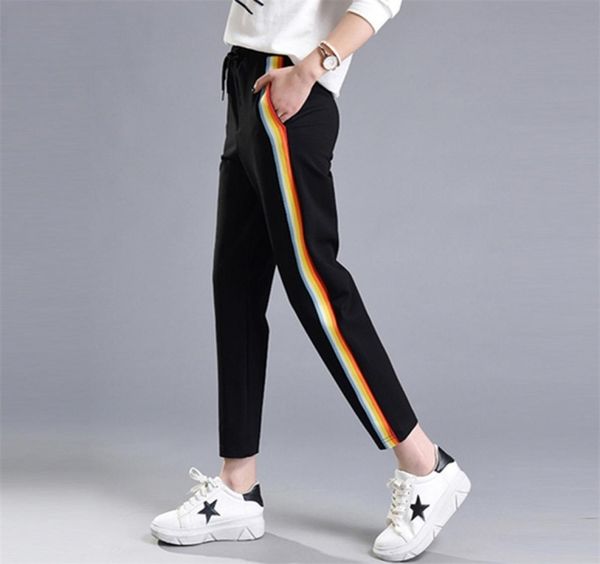 

spring summer women casual sweatpants rainbow striped printed side pant ladies loose trousers joggers sweat pants plus size 2106073953290, Black;white