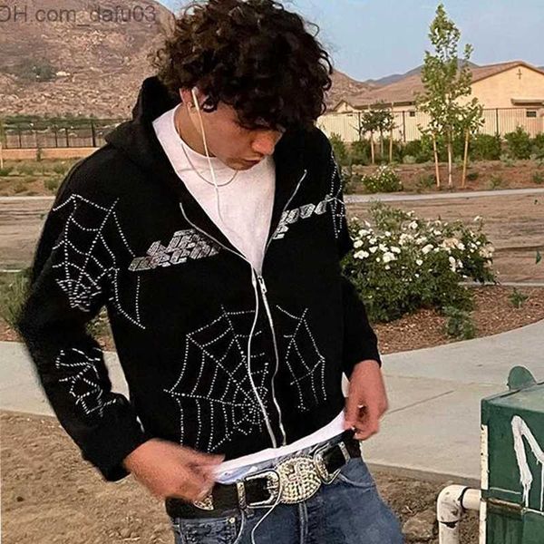 

men's hoodies sweatshirts oversized rhinestone spider zipper hoodie women's autumn retro street costume gothic jacket coat harajuk, Black