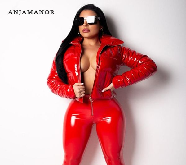 

anjamanor winter patent leather bubble coat women plus size red zipper waterproof latex puffer jacket woman parkas d30fb50 2009211173510, Black