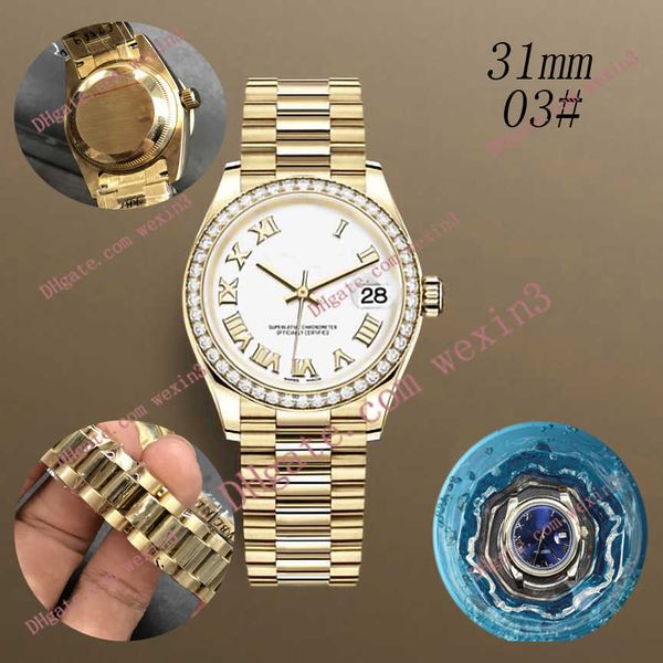 

luxury flat roman edge undrill medium chain 31mm 2813 gold automatic steel swim waterproof watch, Slivery;brown