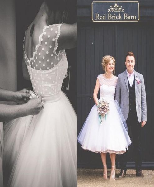 

vintage 1950039s short tulle wedding dresses summer capped sleeves tea length a line bridal wedding gowns with bow7141094, White