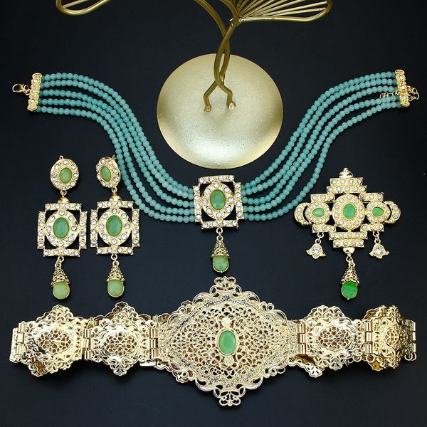 

wedding jewelry sets sunspicems morocco caftan waist belt bead choker necklace square earring brooch arabic gold color bride set for women 2, Slivery;golden