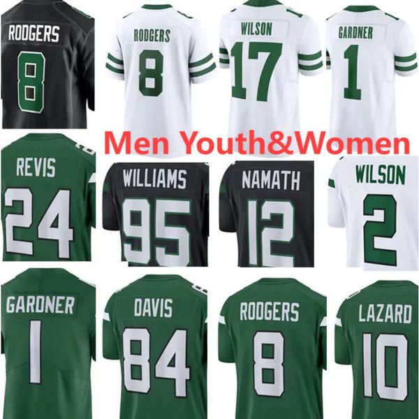 

men football jerseys rodgers 12 joe namath 1 ahmad sauce gardner 20 breece hall 17 garrett wilson zach wilson 56 quincy williams 57 c.j. mos, Black;red