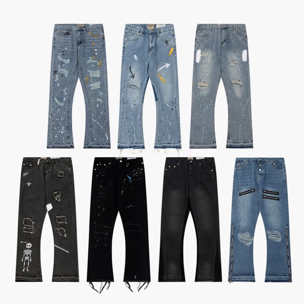 

men's jeans craft mens jeans designer retro fashion broken holes oil paint splash ink, Blue