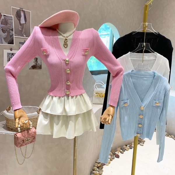 

women's knits tees sweaters for women gentle slim korean clothes cropped pink cardigan v-neck metal button knitted cardigan jacket sun, White