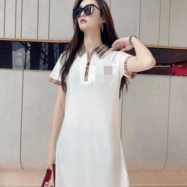 

polo collar plus-size dress women's new summer short sleeve mid-length plaid color block t-shirt polo collar skirt s-2xl, Black;gray