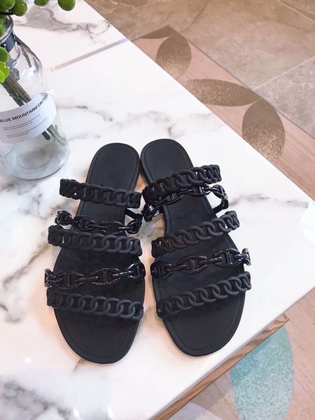 

luxury beach sandals classic genuine leather slippers designer slides women flat slide flip 0802, Black