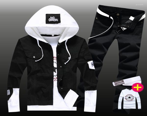 

men039s tracksuits boys 2pcs set with belt shirt denim jacket pencil pants hooded coat patchwork mens straight trousers autumn 4306210, Gray