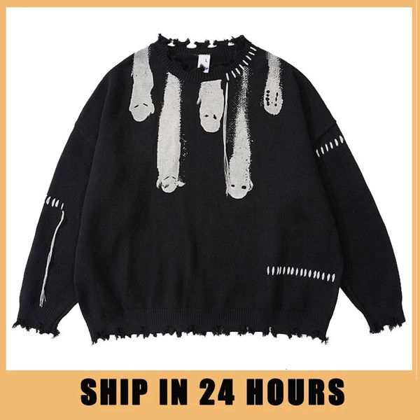 

men's sweaters hip hop knitted sweaters men harajuku vintage hole ghost graphic jumpers streetwear punk casual oversized o-neck pullove, White;black