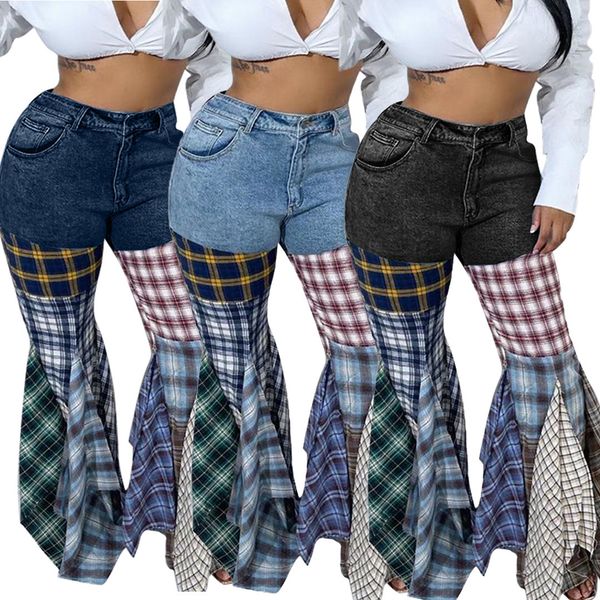 

women's jean's thousand bird check horn denim ruffled trousers fashion casual patchwork plaid flare leg jean pants cowgirl ld83176, Blue