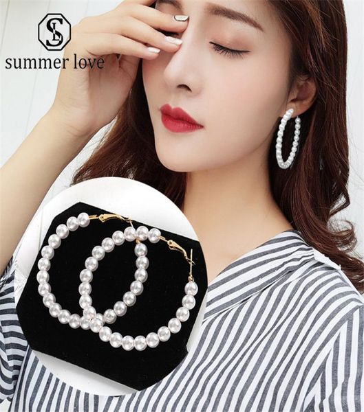 

imitation pearl circle hoop earring for women girls gold plating exaggerate circle dangle earring fashion jewelry gif1527516, Silver
