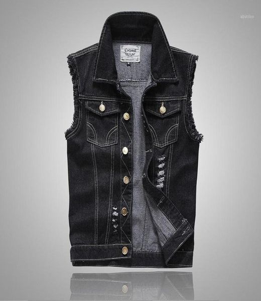 

plus size ripped black denim vest mens slim fit male jeans sleeveless jacket tank cowboy brand 5xl armhole style11408032, Black;white